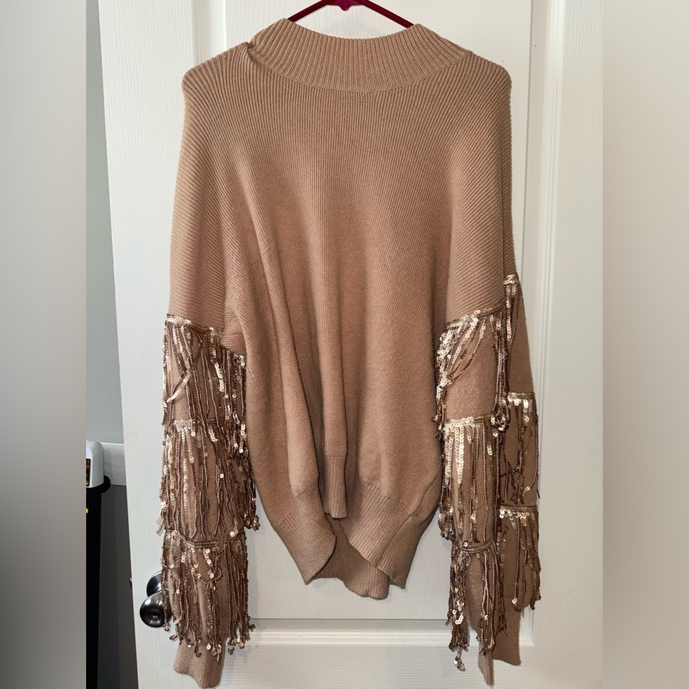 Listicle Taupe Fringe Sequin Sweater
